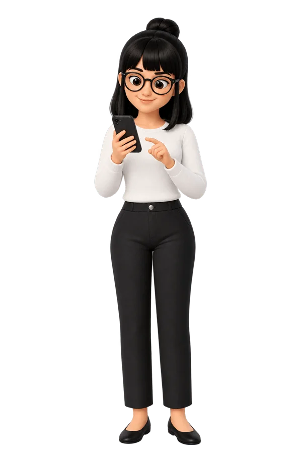 Flua, a professora de inglês com IA, segurando o celular