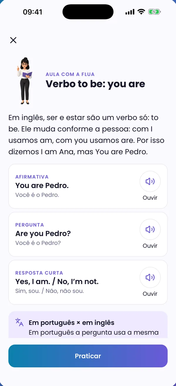 Tela do app com a aula da Flua sobre o verbo to be