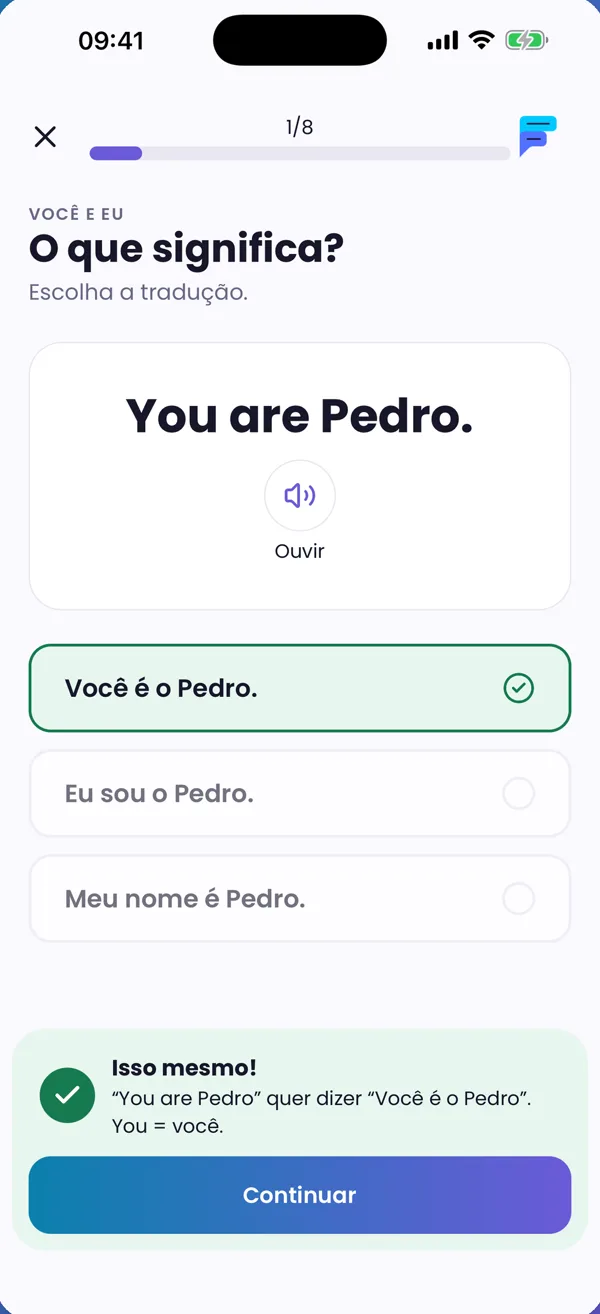 Tela de exercício do app pedindo a tradução de You are Pedro