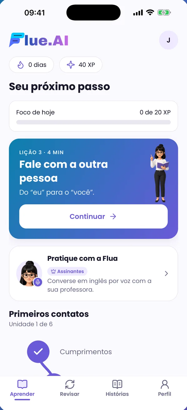 Tela inicial do app Flue.AI com a próxima lição