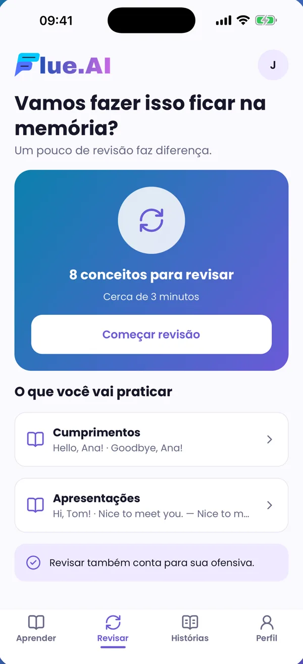 Tela de revisão com 8 conceitos para revisar